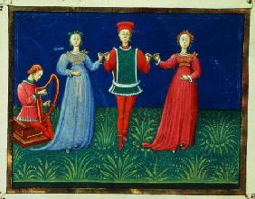 It 973 f.21v A Gentleman dancing with two Ladies, from 'Trattato dell'Arte del Ballare' (vellum)