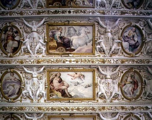 The first floor hall, detail of mythological figures, ceiling decoration, 1568 van Italian School, (16th century)