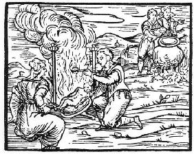 Witches roasting and boiling infants, copy of an illustration from 'Compendium Maleticarum' by Fr M