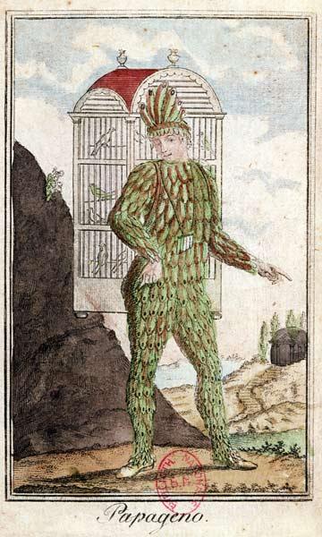 Papageno the bird-catcher, from 'The Magic Flute' by Wolfgang Amadeus Mozart (1756-91), (coloured en
