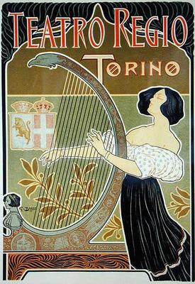 Reproduction of a poster advertising the 'Theatre Royal', Turin (colour litho) van Italian School, (19th century)