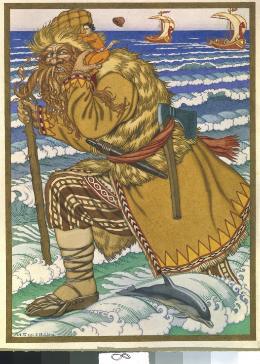 The giant carried Ivan on his shoulders back across the sea van Ivan Jakovlevich Bilibin