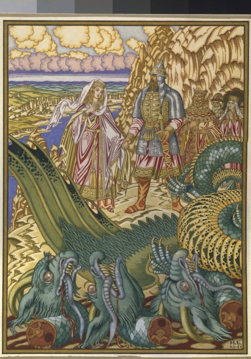 Dobrynya Nikitich rescues Zabava Putyatishna from the dragon Gorynych van Ivan Jakovlevich Bilibin