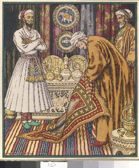 Prince Ali buying a carpet. Illustration for Arabian Fairy Tales