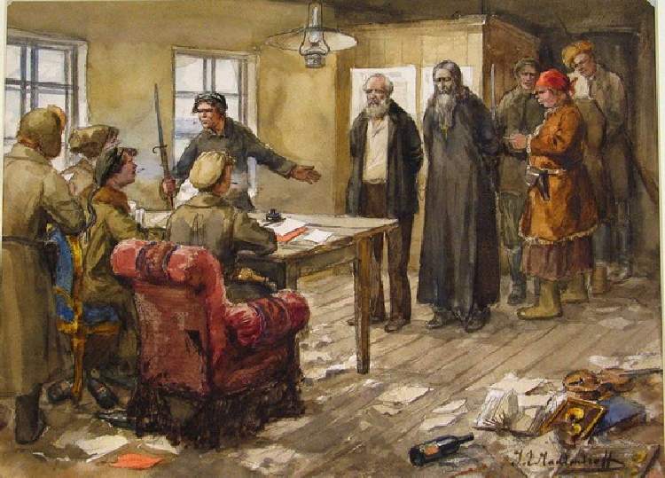 Ein Gutsbesitzer und ein Priester werden vom Revolutionstribunal zum Tode verurteilt (Aus der Aquare van Iwan Alexejewitsch Wladimirow