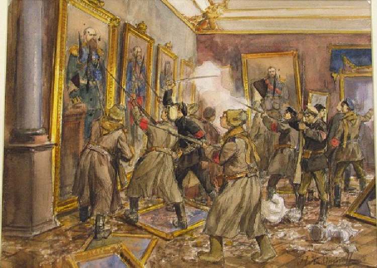 Eine Szene im Winterpalast im Dezember 1918 (Aus der Aquarellserie Russische Revolution) van Iwan Alexejewitsch Wladimirow