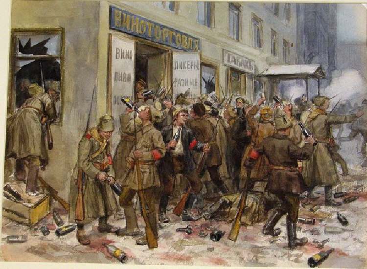 Revolutionäre Arbeiter und Soldaten plündern ein Weinladen in Petrograd (Aus der Aquarellserie Russi van Iwan Alexejewitsch Wladimirow