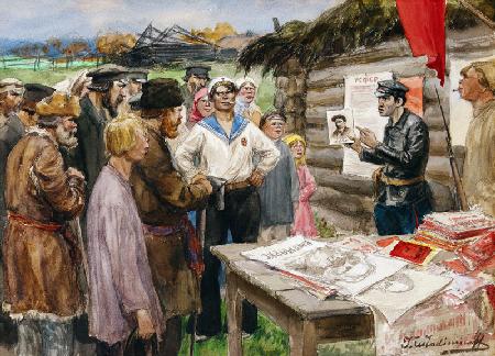 Die Lehrstunde des Kommunismus im Dorf (Aus der Aquarellserie Russische Revolution)