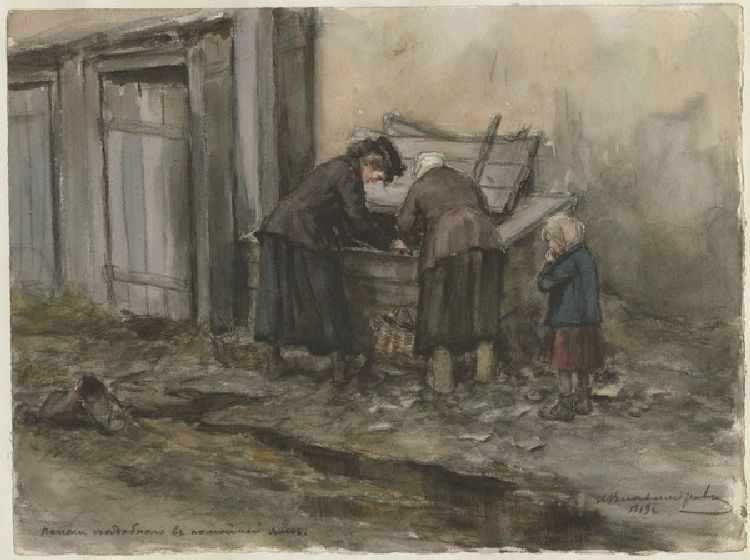 Zwei Frauen und Kind, die in den Mülltonnen nach Essbarem suchen (Aus der Aquarellserie Russische Re van Iwan Alexejewitsch Wladimirow