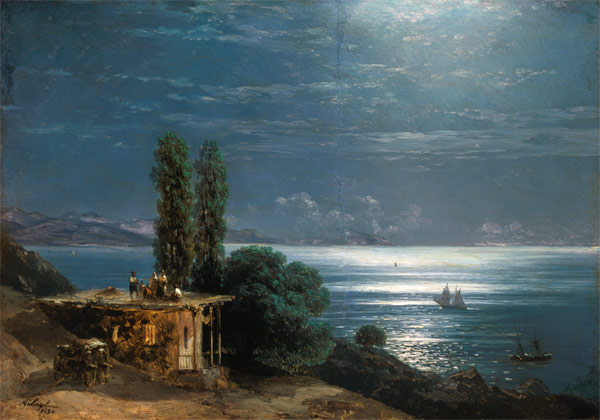 Abendlandschaft am Meer mit erleuchteter Villa. van Iwan Konstantinowitsch Aiwasowski