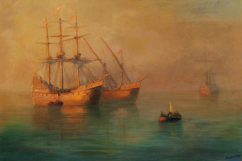 The arrival of Fleet of Christopher Columbus van Iwan Konstantinowitsch Aiwasowski