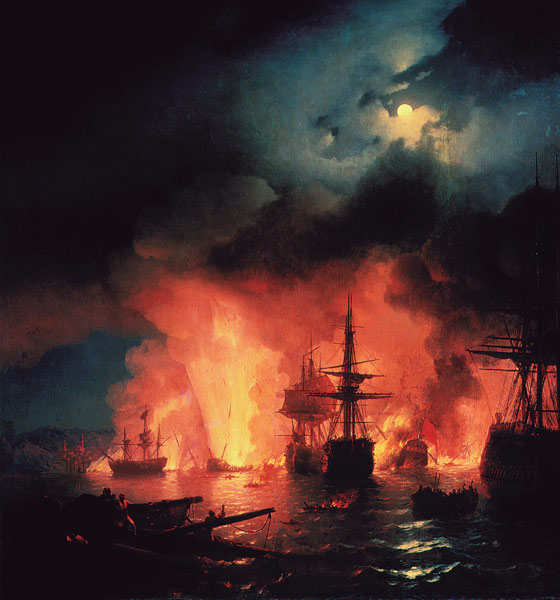 The naval Battle of Chesma on the night 26 July 1770 van Iwan Konstantinowitsch Aiwasowski