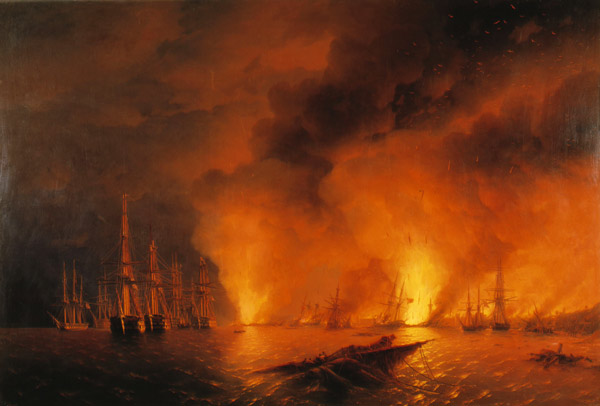 The naval Battle of Sinop on 30 November 1853 van Iwan Konstantinowitsch Aiwasowski