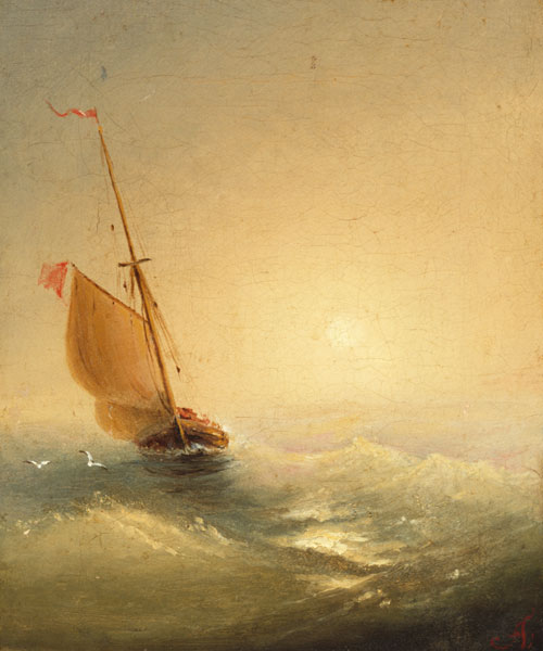 Zeilboot bij zonsondergang van Iwan Konstantinowitsch Aiwasowski