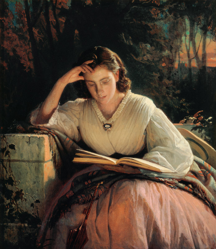Reading (Portrait of the artist's wife) van Iwan Nikolajewitsch Kramskoi