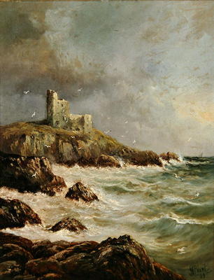 Ruined Castle on Rocky Shore, 1889 (oil on canvas) van J. H. Blunt