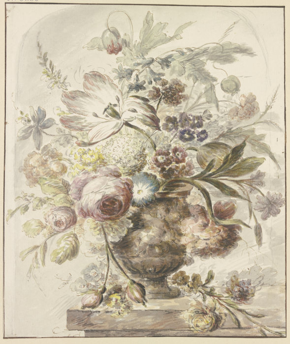 Blumenstrauß in einer Vase mit Basrelief, links hängen zwei Rosenknospen herab van J. H. van Loon