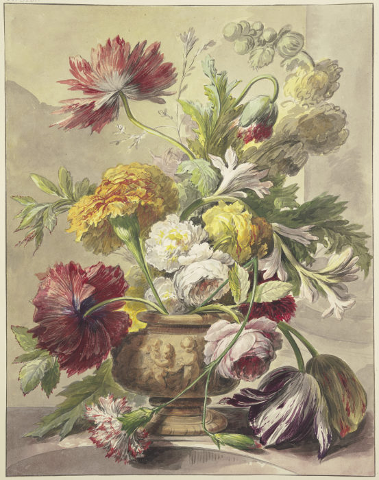 Blumenstrauß in einer Vase mit Basrelief von Mohn, Rosen, Tulpen, quer über der Vase hängt eine gekn van J. H. van Loon