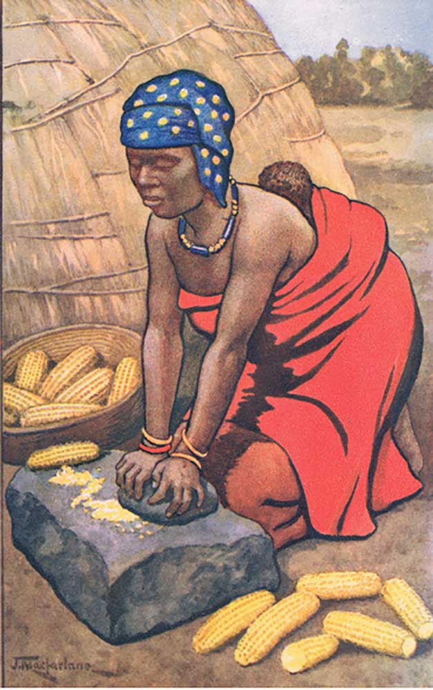 Woman grinding mealies, from MacMillan school posters, c.1950-60s van J. Macfarlane