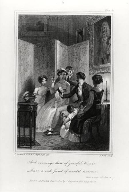 Family Scene - Evening in the Drawing Room, from 'The Social Day' by Peter Coxe, engraved by J. Scot van J. Stothard