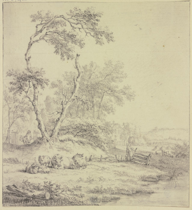 Bei einer Baumgruppe an einem Zaun liegendes Vieh, rechts eine Frau mit einem Eimer van Jacob Cats