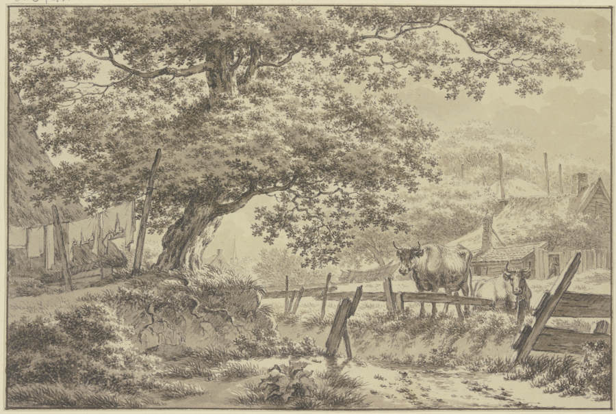 Bei einer großen Eiche aufgehängte Wäsche, rechts hinter einem Zaune zwei Kühe van Jacob Cats