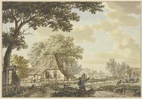 Enger Kanal bei einem Dorf, darauf ein Mann in einem Kahn, rechts Vieh, links Hühner