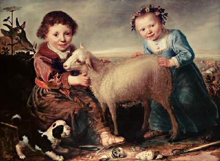 Zwei Kinder mit Lamm.