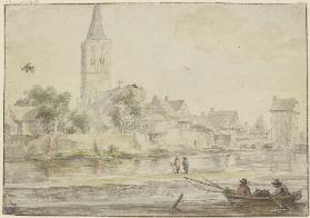 Stadt am Wasser mit Kirche, rechts ein Turm, vorne Kahn mit zwei Personen