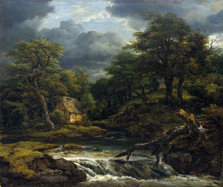 Wooded Landscape with Waterfall and Approaching Storm