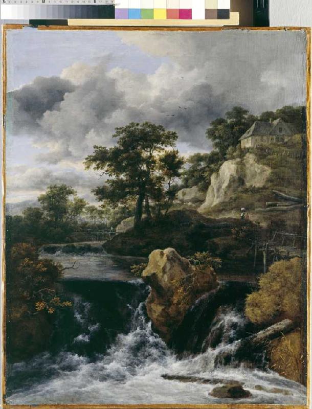Hügellandschaft mit Wasserfall van Jacob Isaacksz van Ruisdael