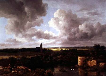 Landscape with Ruined Castle and Church van Jacob Isaacksz van Ruisdael