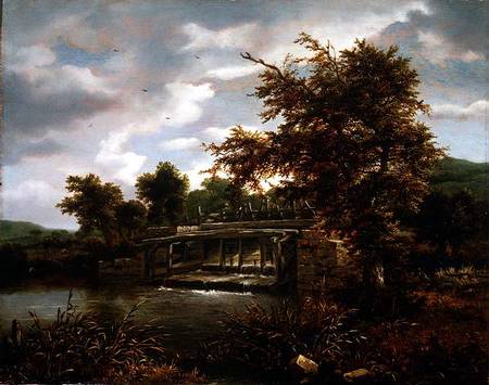 A wooded river landscape with a sluice gate van Jacob Isaacksz van Ruisdael