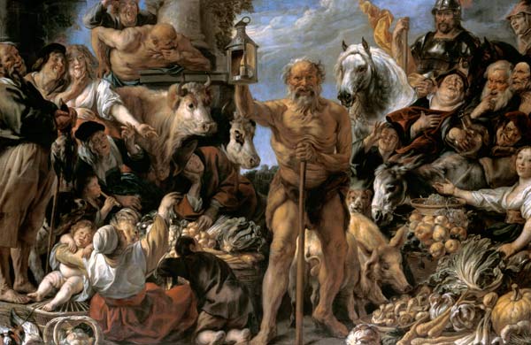Diogenes met de lantaarn, op zoek naar mensen op de markt van Jacob Jordaens