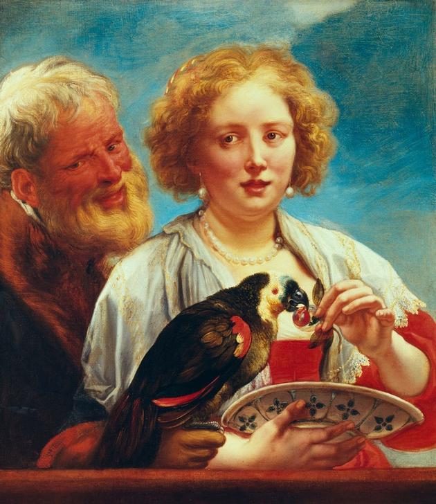 A young woman with an old mann and a parrot, van Jacob Jordaens