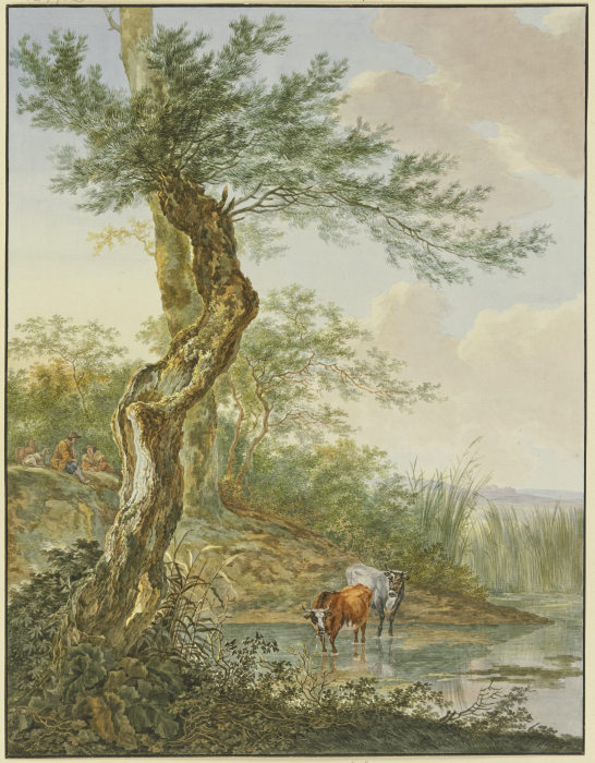 Landschaft mit Wasser, daran ein alter Weidenbaum, im Wasser zwei Kühe van Jacob Perkois