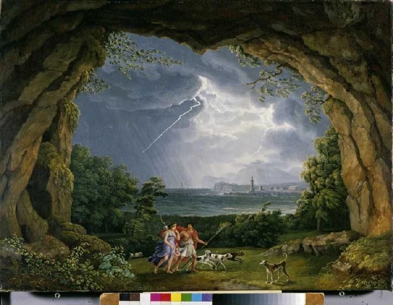 Aeneas und Dido flüchten vor dem Unwetter in eine Grotte van Jacob Philipp Hackert