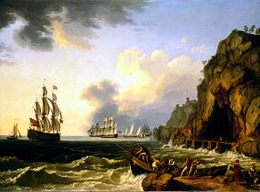 Ein britisches Kriegsschiff und andere Schiffe in der Bucht von Neapel van Jacob Philipp Hackert