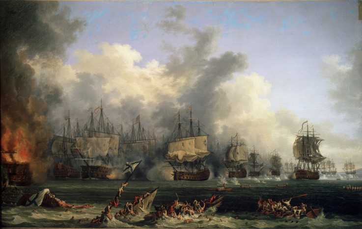 The Sinking of the Russian Battleship St. Evstafius in the naval Battle of Chesma van Jacob Philipp Hackert