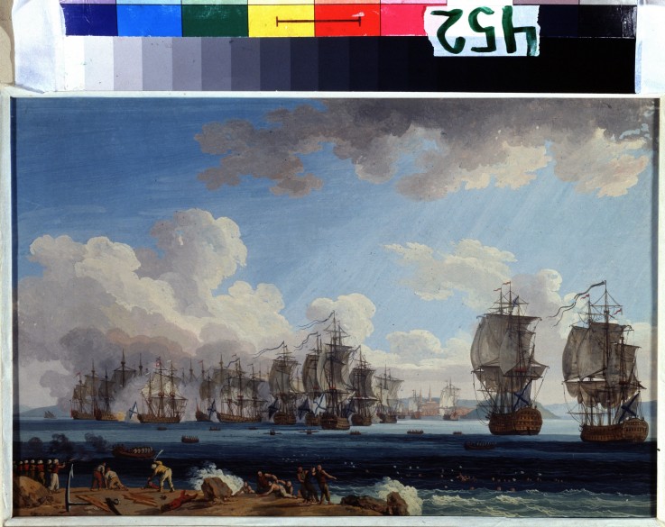The naval Battle of Chesma on 5 July 1770 van Jacob Philipp Hackert