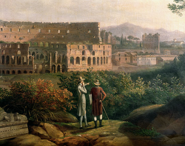 Johann Wolfgang von Goethe (1749-1832) visiting coliseum in Rome van Jacob Philipp Hackert