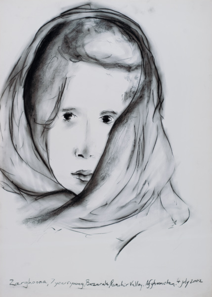 Zarghoona, Panshir Valley, Afghanistan, 4th July 2002 (charcoal on paper)  van Jacob  Sutton