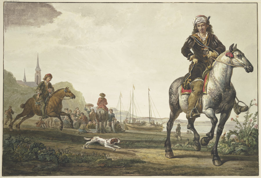 Am Ufer eines Flußes sitzt viel Volk bei den Schiffen, vorne rechts ein reich gekleideter Reiter mit van Jacob van Strij