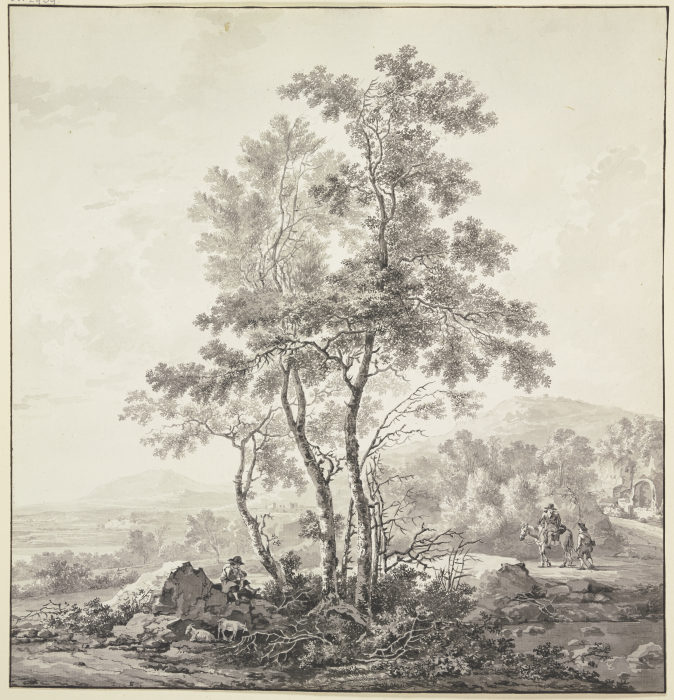 Landschaft mit Birken im Vordergrund van Jacob van Strij