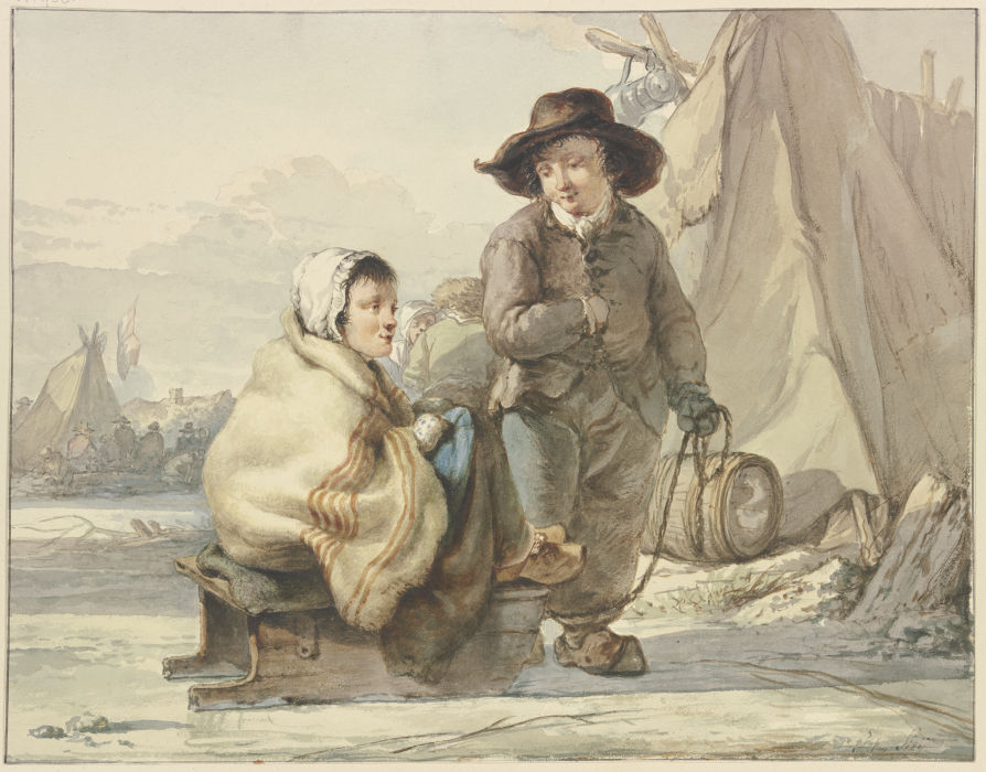 Mädchen auf einem Schlitten, daneben ein Junge, in einem Lager van Jacob van Strij