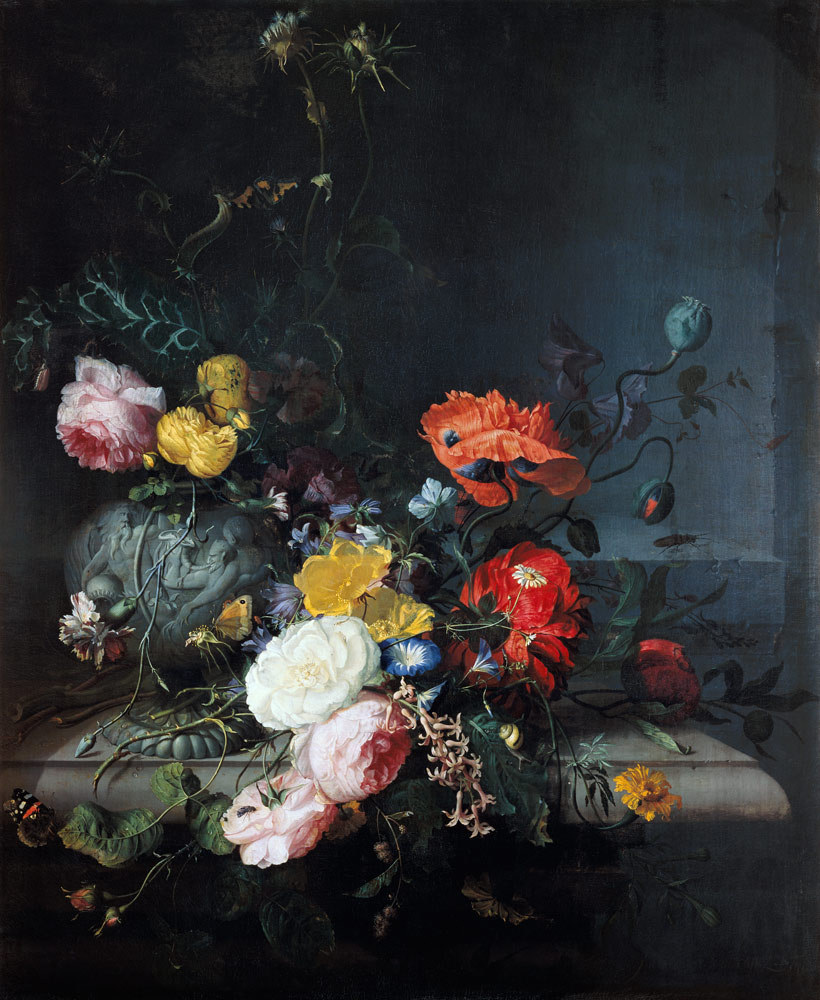 Stillleben mit Blumen und Insekten van Jacob van Walscapelle
