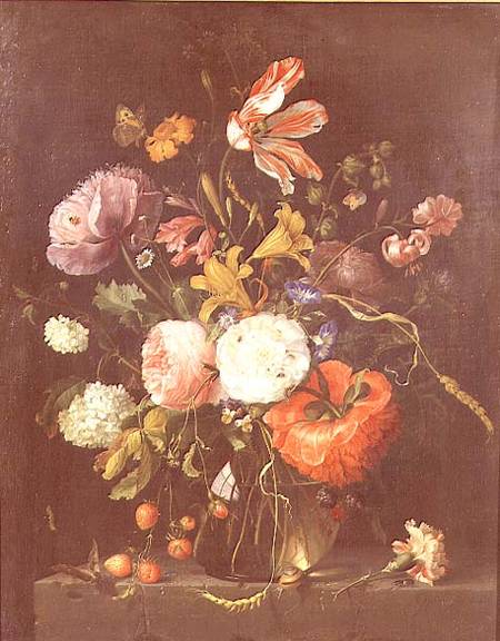 Flowers in a Glass Vase van Jacob van Walscapelle
