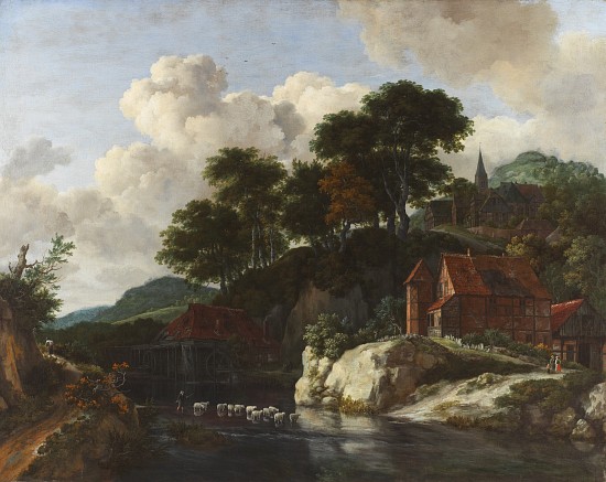 Hilly Landscape with a Watermill van Jacob Isaaksz. or Isaacksz. van Ruisdael