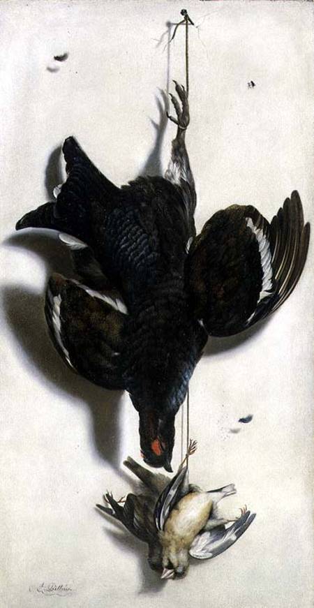 Trompe l'oeil of a black grouse and finches van Jacobus Biltius