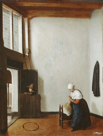 Interior with a woman combing a little girl's hair van Jacobus Vrel or Frel